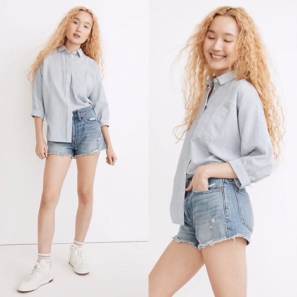 Madewell Relaxed Denim Shorts Light Blue Renfield Wash Destructed Frayed Sz 26